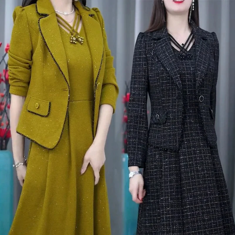 Middle Aged Women Fashion Sets Spring Autumn High End Blazer Jacket + Sleeveless Dresses 2 Piece Suit Mother's Dress Outfit 4XL