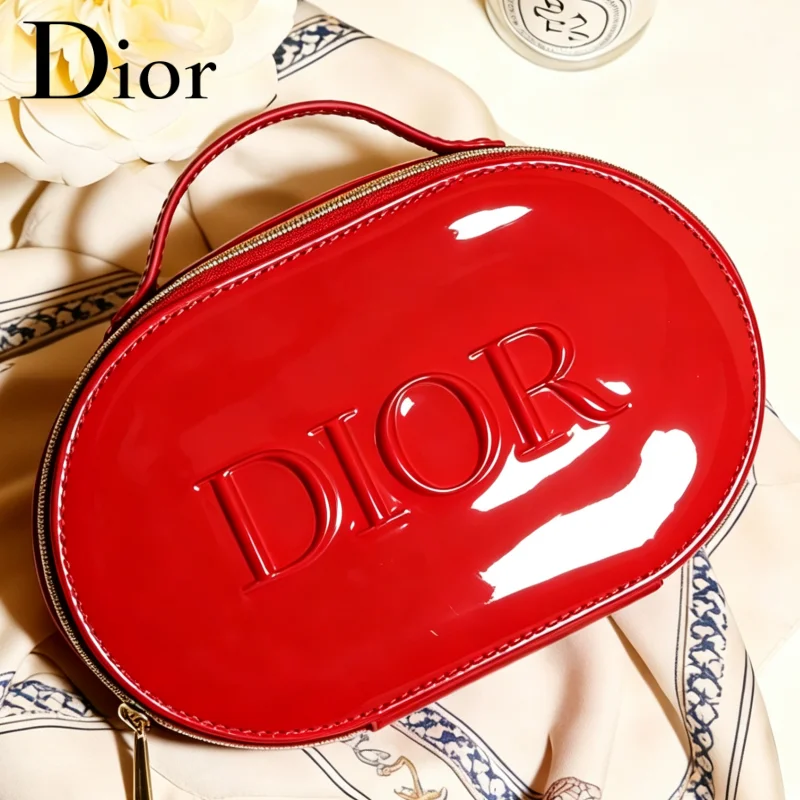 Dior Dior’s Bag Luxury Glossy Bright Red Oval Handheld Makeup Organizer Pouch Patent Leather Embossed Logo Waterproof Travel Cos