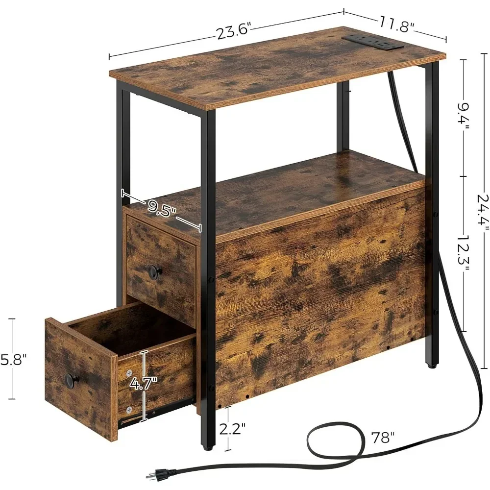 End Table with Charging Station, Narrow Side Table with 2 Wooden Drawers, USB Ports and Power Outlets,