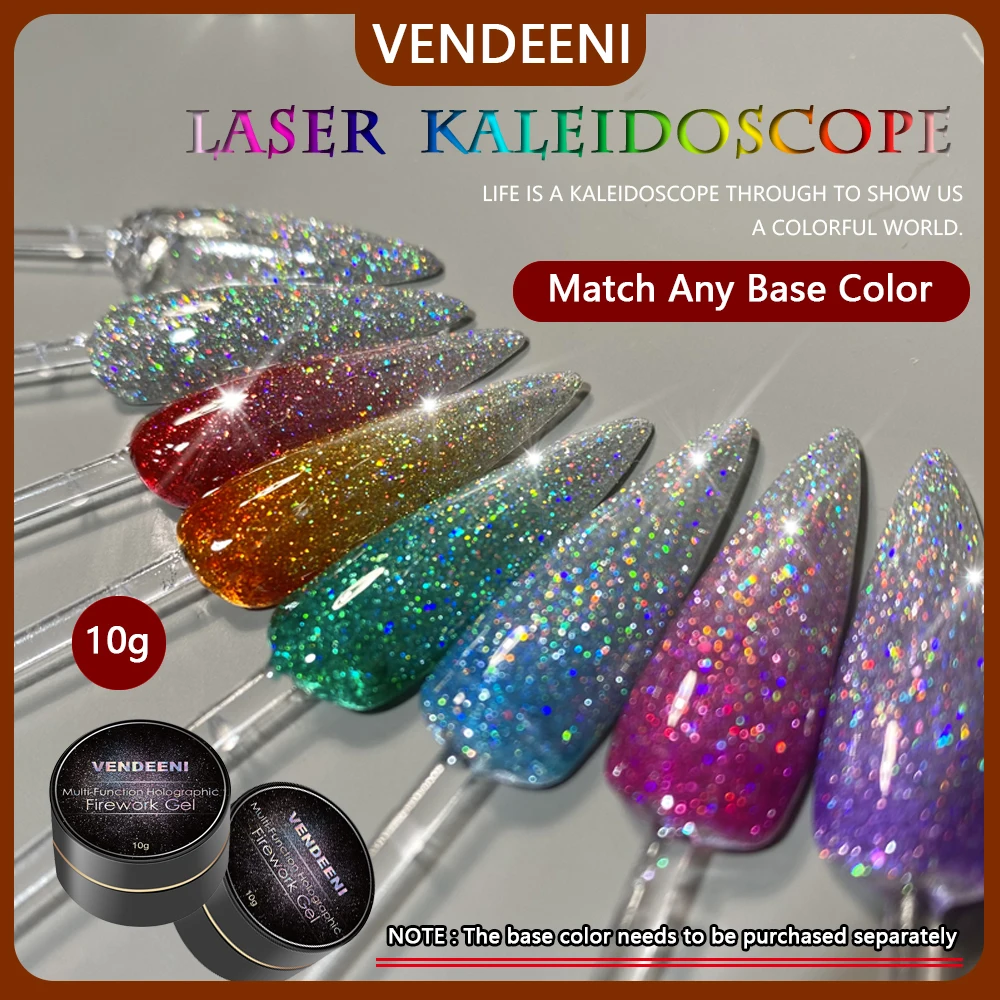 Vendeeni 10ml Tęczowy Lakier Hybrydowy z Efektem Laserowego Brokatu, Żelowy Lakier do Paznokci UV LED, Odblaskowy Glitter do Manicure, Pasuje do Każdego Bazy Koloru