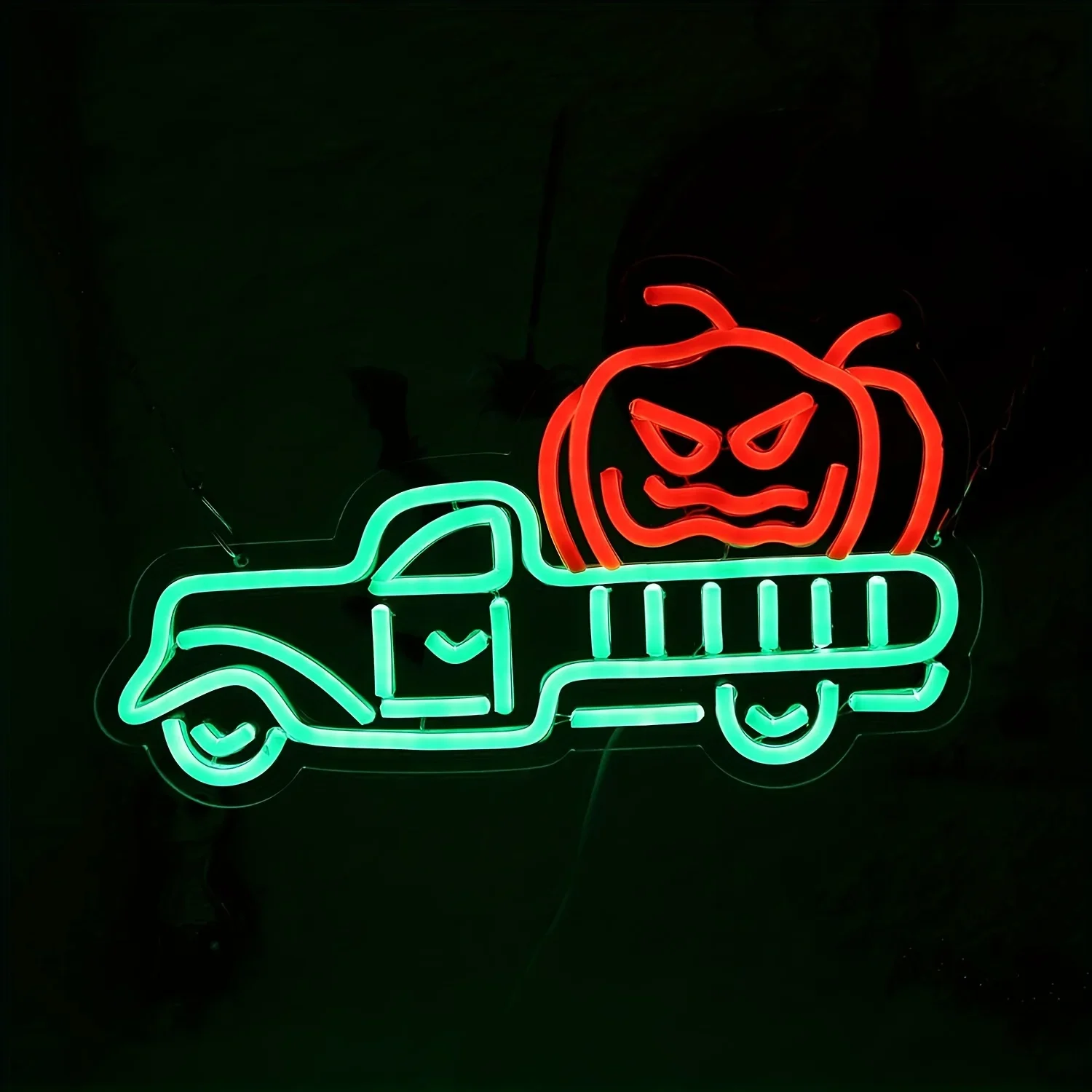 Halloween Pumpkin Truck Neon Sign Jack O Lantern LED Wall Art Green Orange Glow USB Powered Dimmable Acrylic Lamp Party Decor