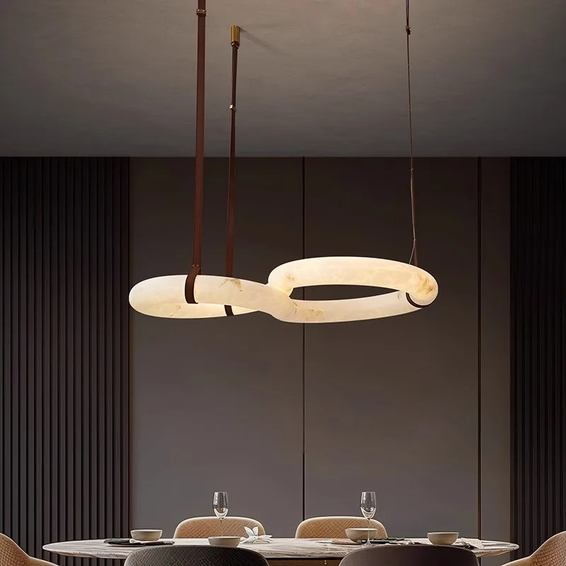 Hot Selling High-end Copper Leather Spanish Marble Chandelier Pendant Light Hotel Dining Room Luxury Hanging Alabaster Light