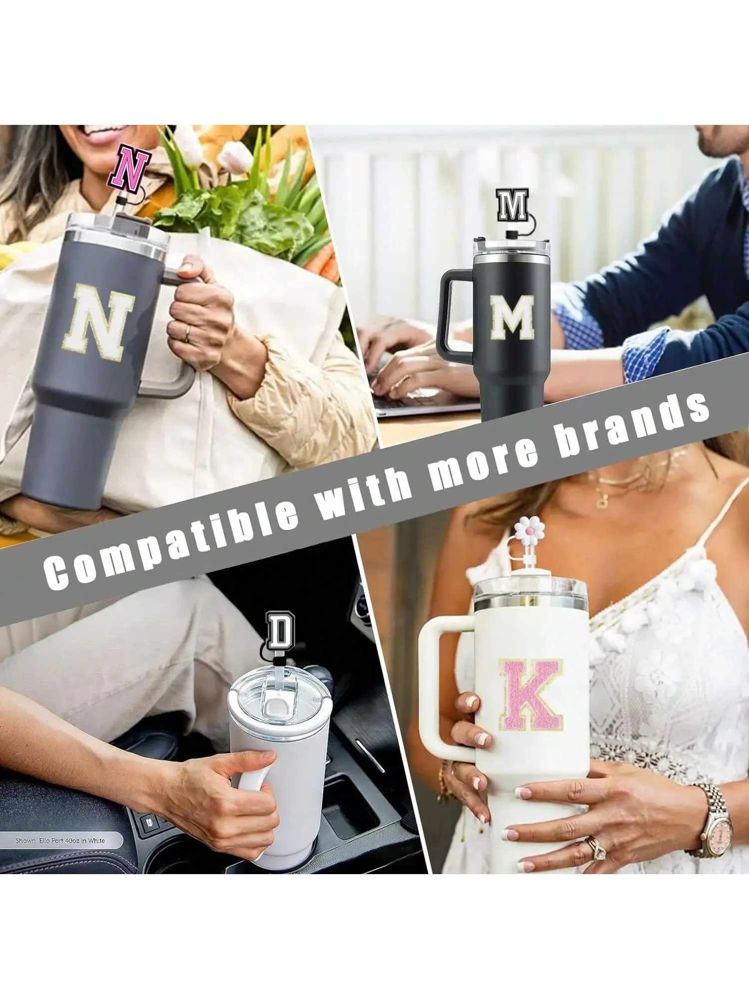 4Pcs Designed for Stanley Cup Accessories 30&40 Oz, 2Pcs Silicone Straw Cover, Initial Name ID Letter Handle Charm
