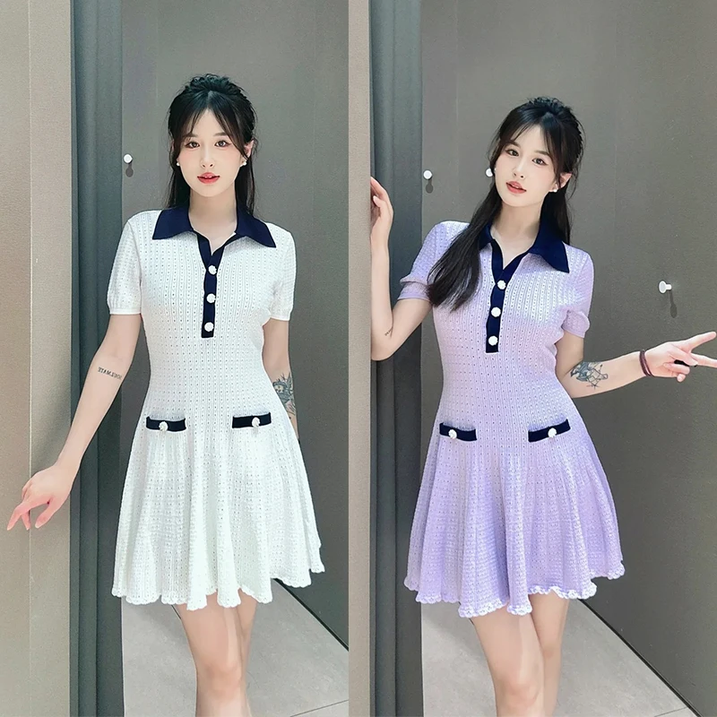 

Ele Pearl Button Hollow out Knitted Summer Autumn Dr with Umbrella Hem High Waist Collar ort Sve Women's Dr