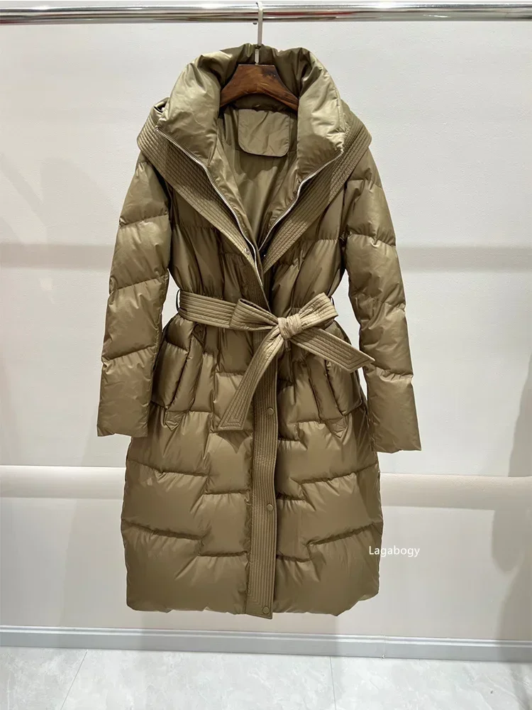 2023 neue Winter frauen weiße Enten Daunen lange Jacke mit Gürtel weiblichen dicken warmen Mantel schlanke Parka Kapuze Outwear