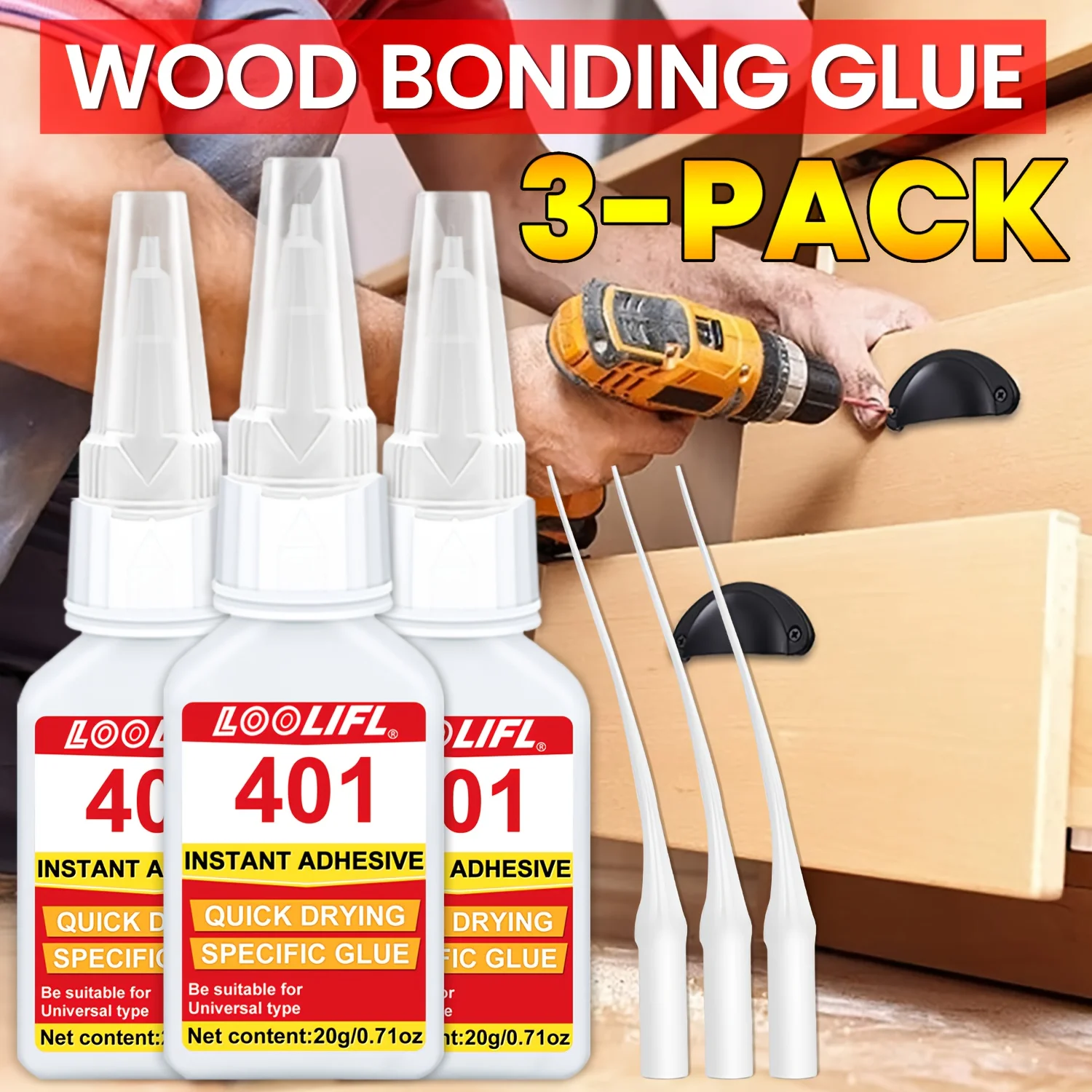 3PCS 401 super glue,wood repair glue,suitable for wood,metal,plastic,fixing cabinets,doors,floors, guitars,hanging decorations