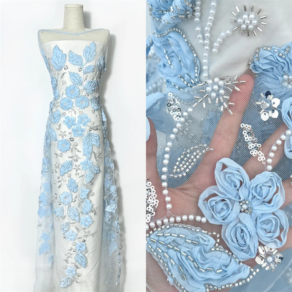 

African Beads Lace Fabric 2025 High Quality 3D Embroidery Nigerian Sequins Bridal French Tulle Lace Fabric For Wedding Dresses