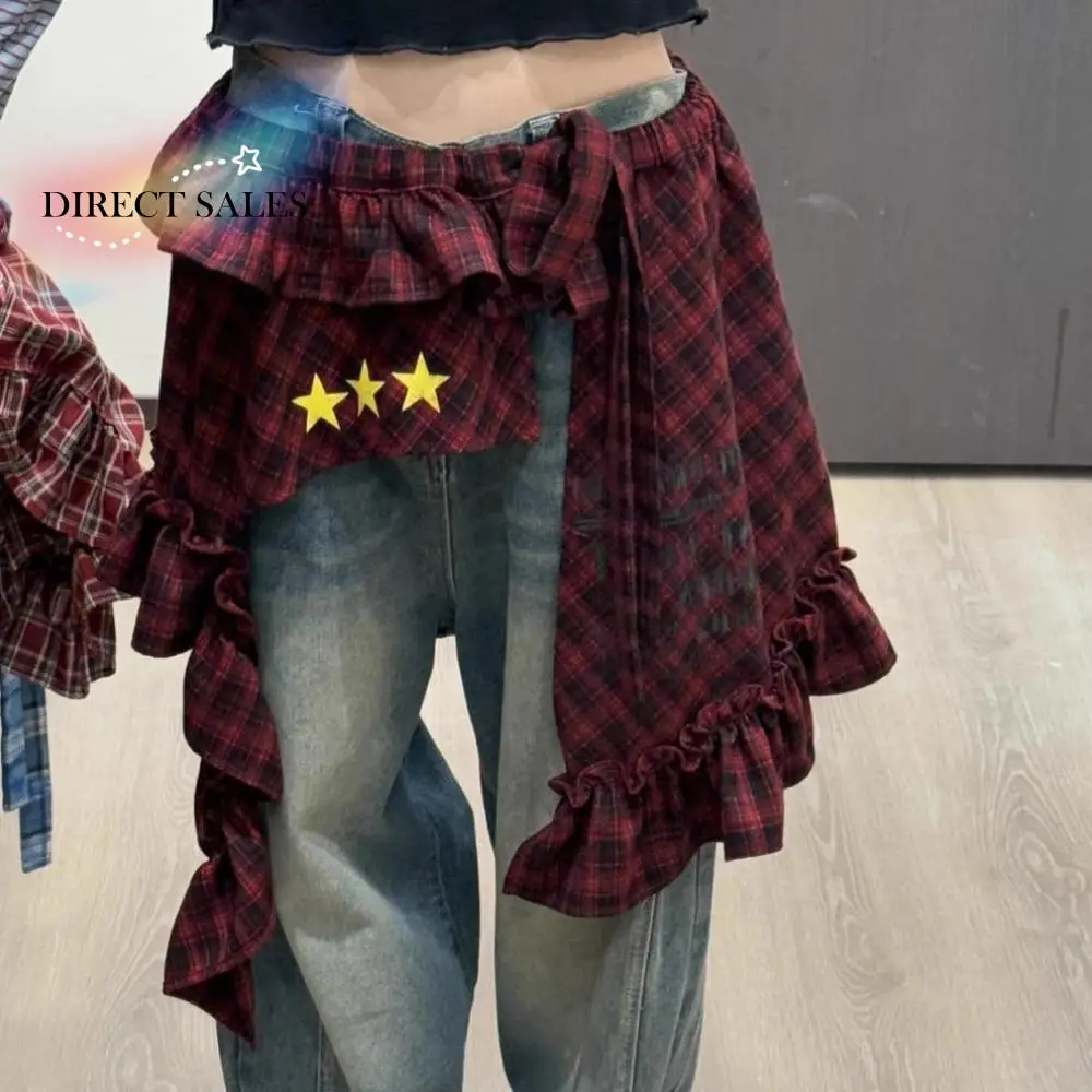 

Adjustable Star Layer Outfits Plaid Skirt Shirt Extender Hip-hop Lace Up Hip Scarf Sweet Y2K Ruffled Edge Waistband Jeans Decor