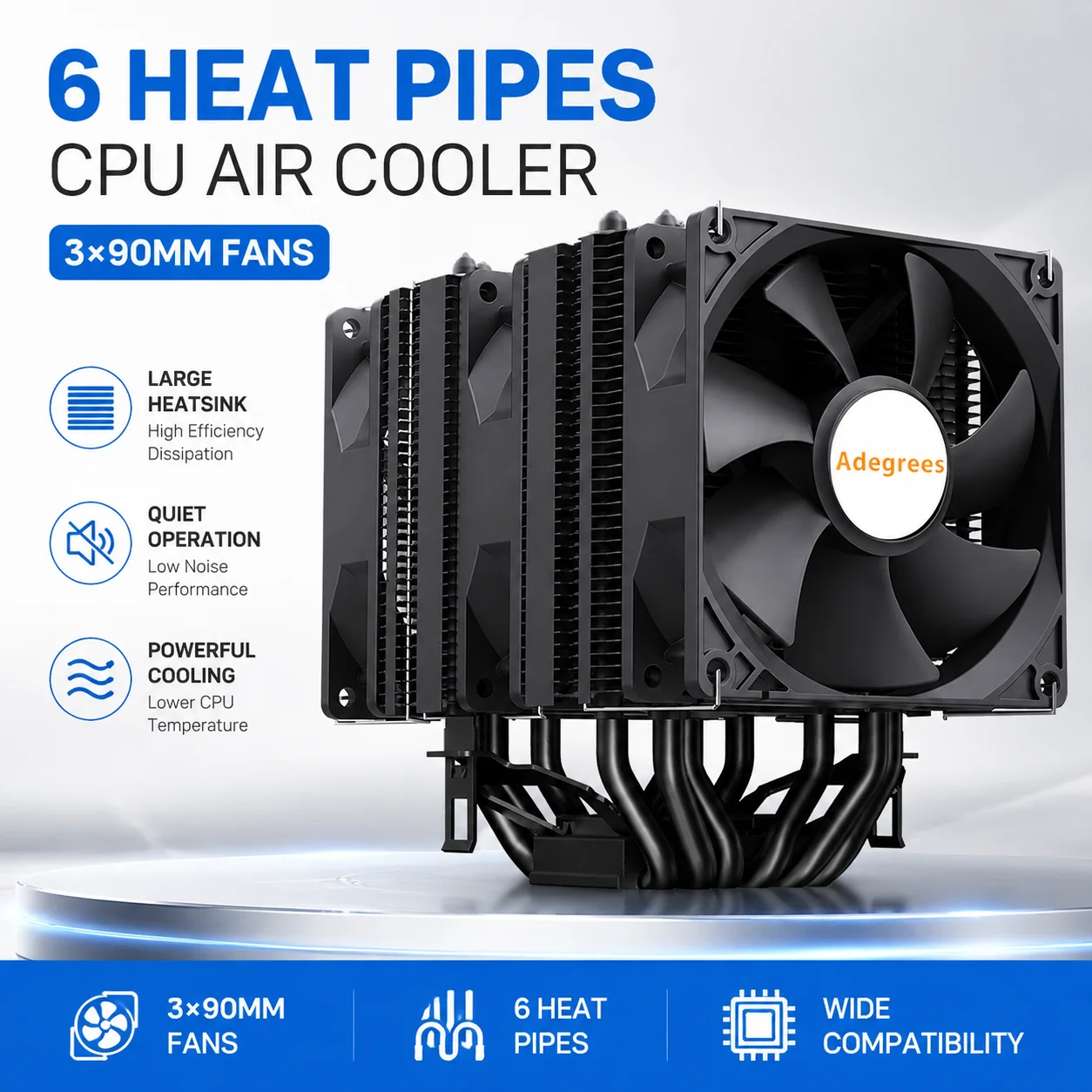 6 Heat Pipe CPU Air Cooler 4PIN PWM Black CPU Air‑Cooling Fan For LGA1700 1200 115X 2011 1366 X79 X99 AMD AM4 AM5 CPU Ventilador