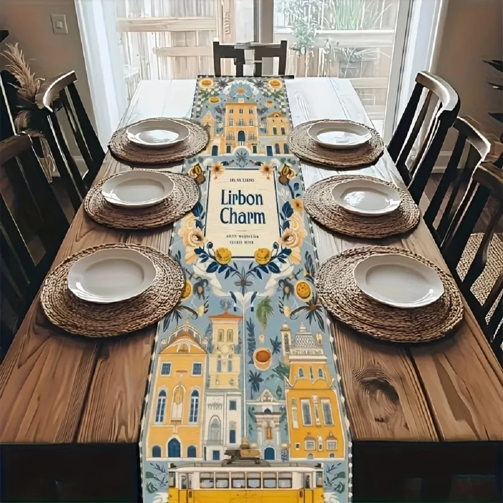 1 Piece of Portuguese Traditional Art Design and Classic Architectural Floral Pattern Table Runner, Suitable for Farmhouse, Indoor, Kitchen, Celebrations, Table Decoration, Restaurant, and Banquet Decoration Supplies