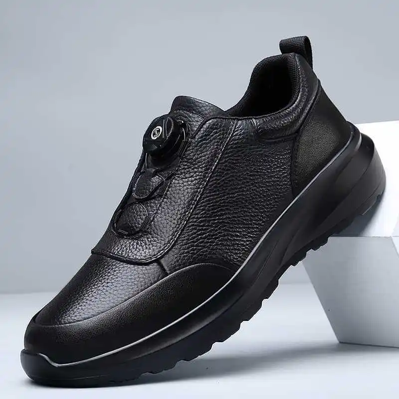 New Designer Genuine Leather Sneakers for Man Rotary Button Inner Increase Casual Shoes Male Fashion Black Sports Shoe Man