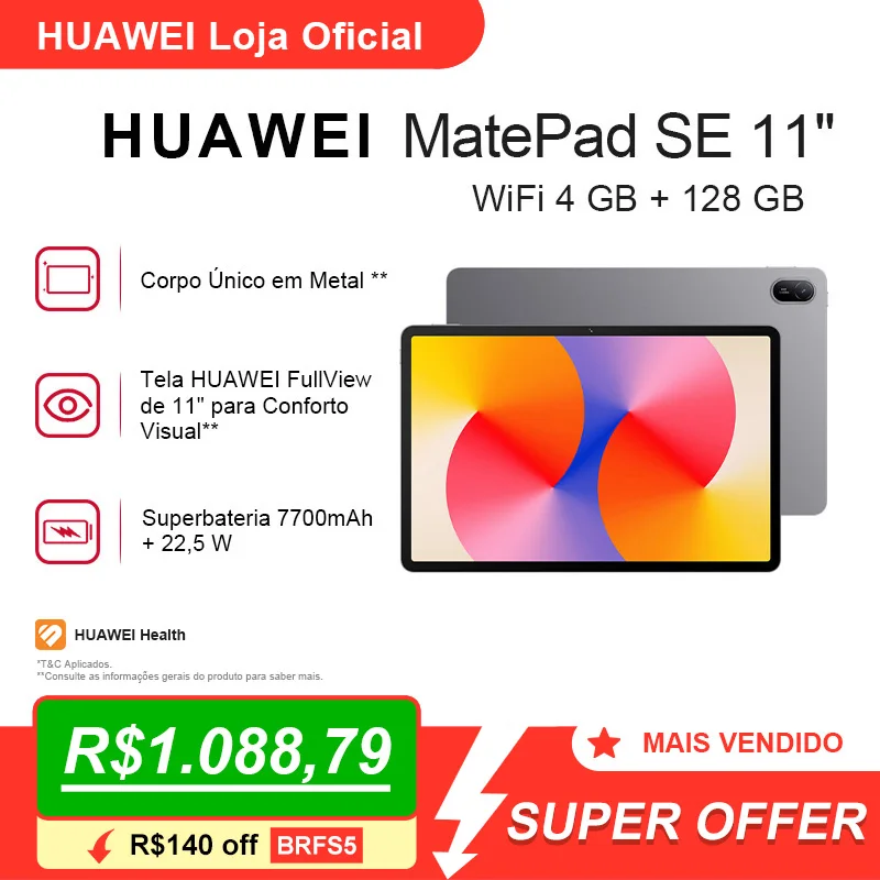 HUAWEI MatePad SE 11" 128/4 | Tablet | Design Corpo Único Metal | 7700 mAh + Superbateria de 22,5 W