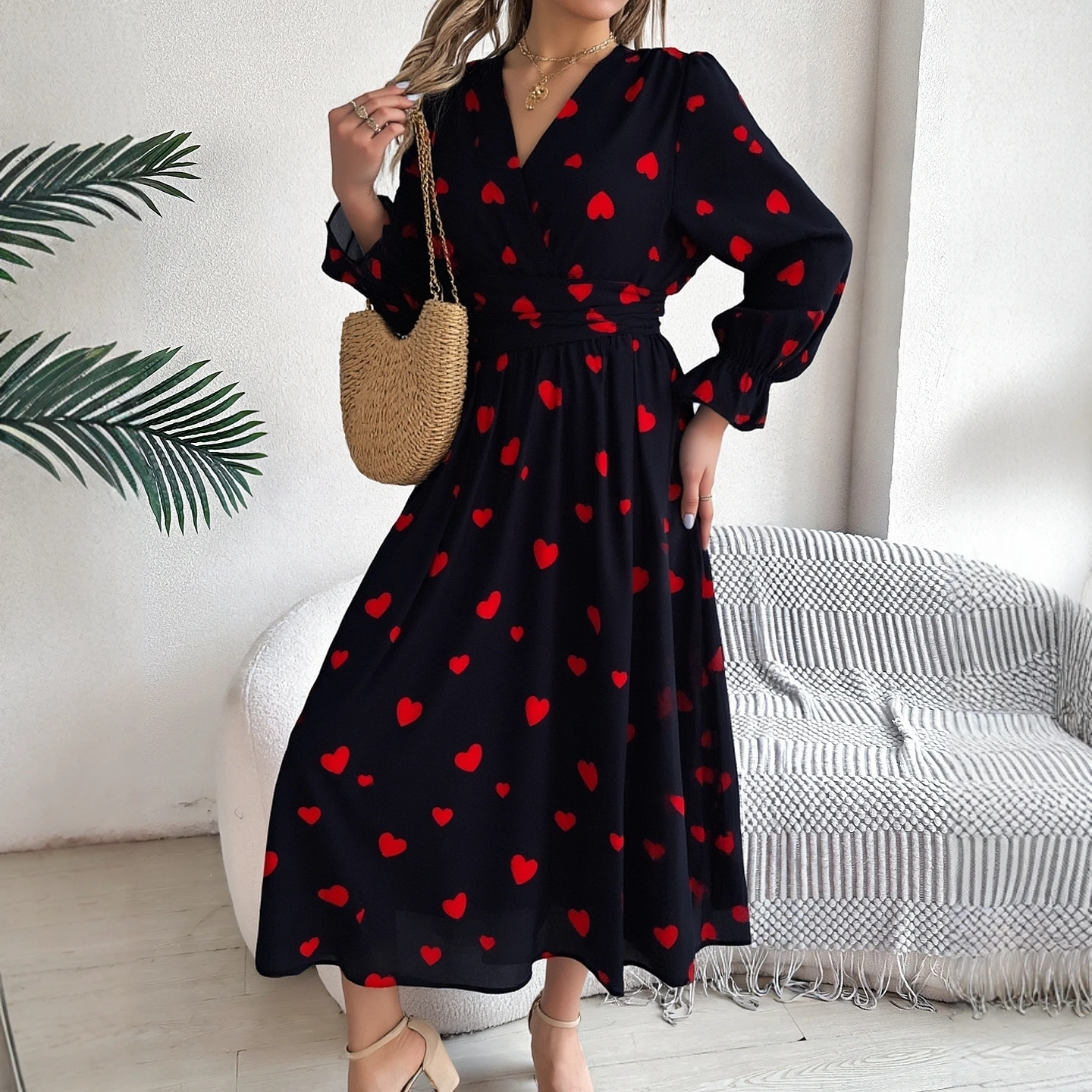 YuooMuoo Chic Mode Hart Print Esthetische Vrouwen Jurk 2026 Nieuwe Collectie Elegante Vintage Sjerp Bandage Lange Feestjurk Vestidos