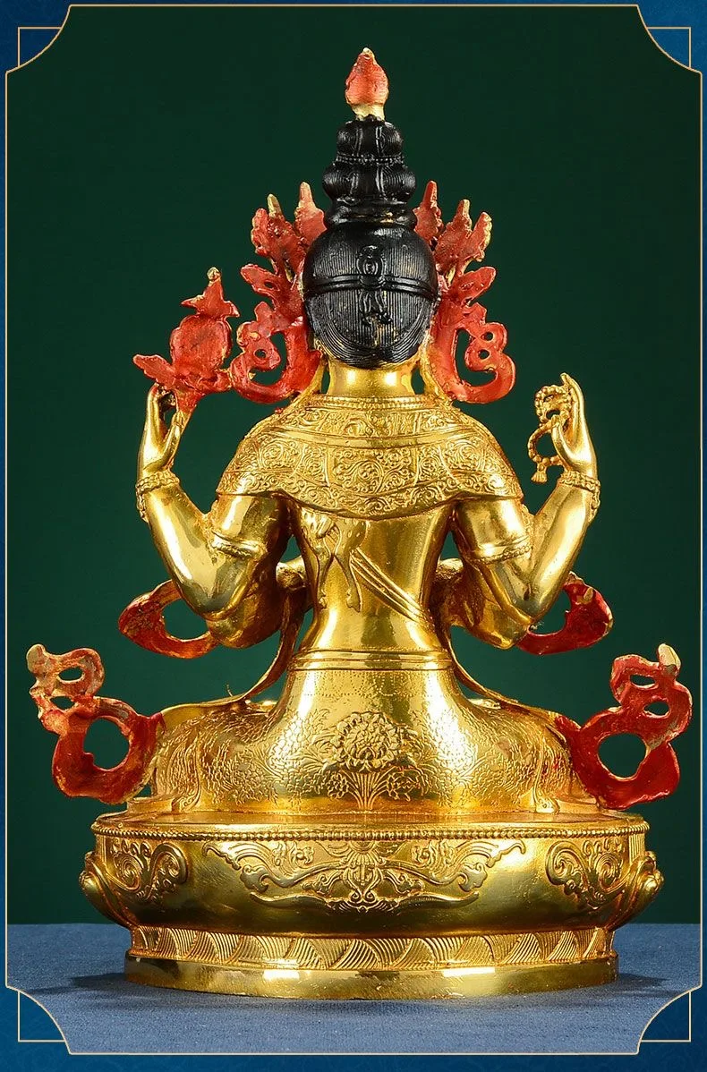 Tibetan Buddhism Holy Good Buddha statue bless family Safety luck Four arm Avalokitesvara Guan yin brass Buddha statue