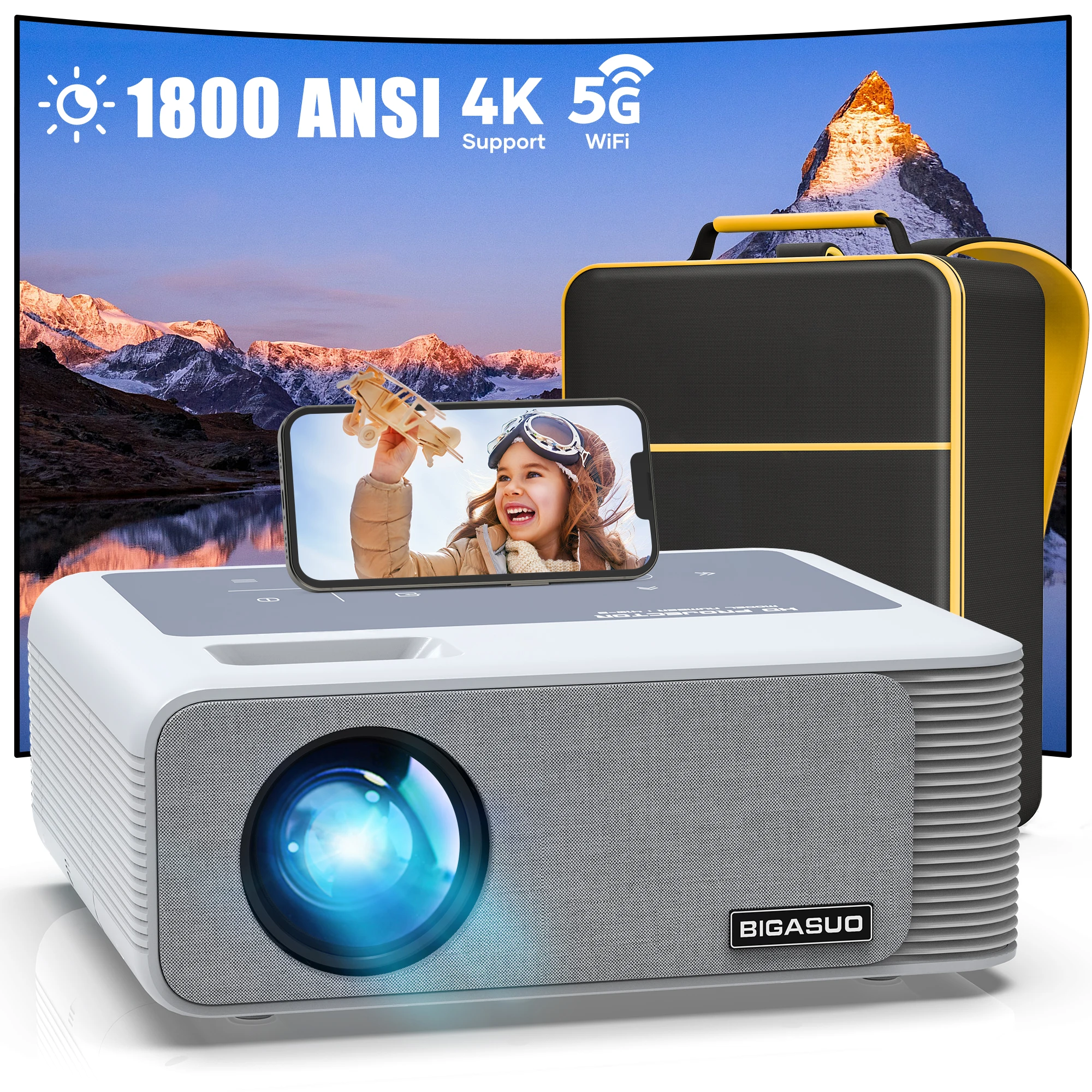 BIGASUO 1800ANSI Upgraded 4K Projector android Native 1080P 5G Wifi BT5 Home Projector Max 300'' Contrast 25000：1 Outdoor Cinema