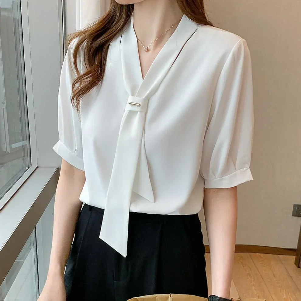 Korean Ribbon Women Shirts Blouses Short Sleeve Shirts Top Chic Office Lady Chiffon Blouse Tops Fashion Woman Tie Shirt