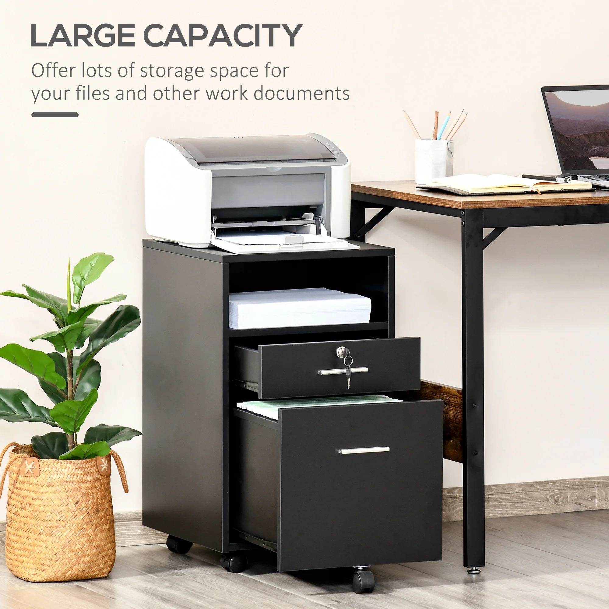 Vinsetto Mobile File Cabinet Lockable Documents Storage w/ 5 Wheels Black