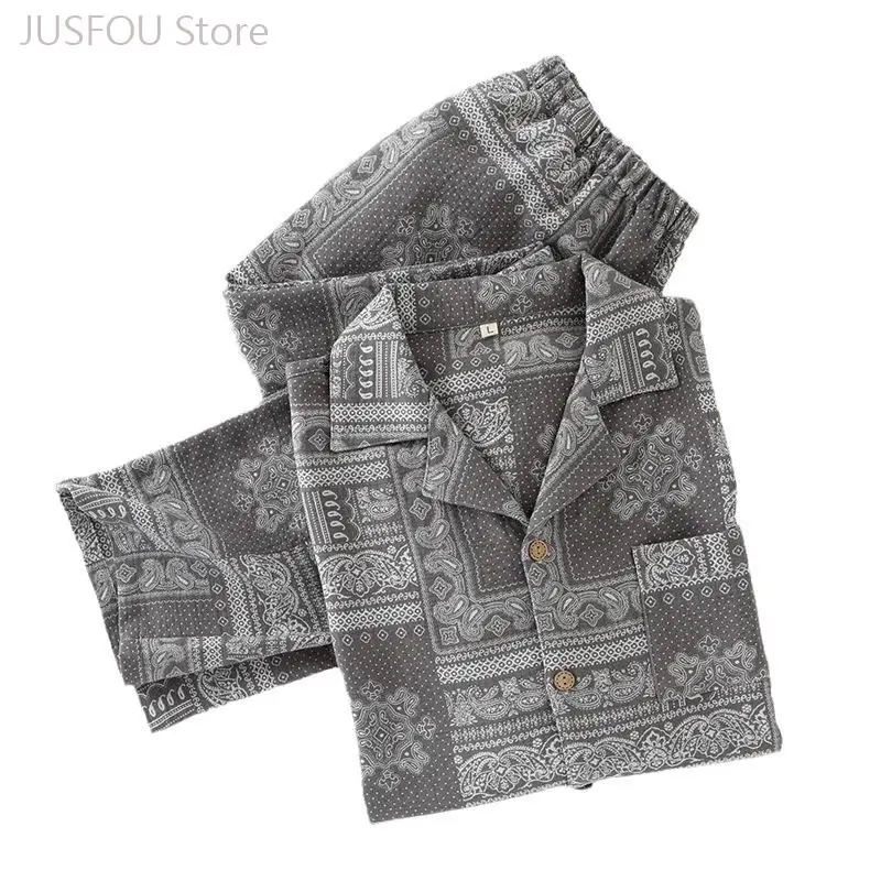 Men Autumn Cotton Printed Pajama Set Two Pieces Lapel Long Sleeve Shirt and Pants Casual Homewear Loungewear Sleepwear Suit