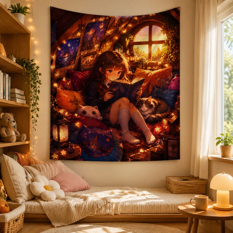 VIKAMA Unicorn Fairy Girl Anime Tapestry, Rainbow Sky Dreamy Wall Hanging, Home Decor for Kids' Bedrooms and Children's Rooms