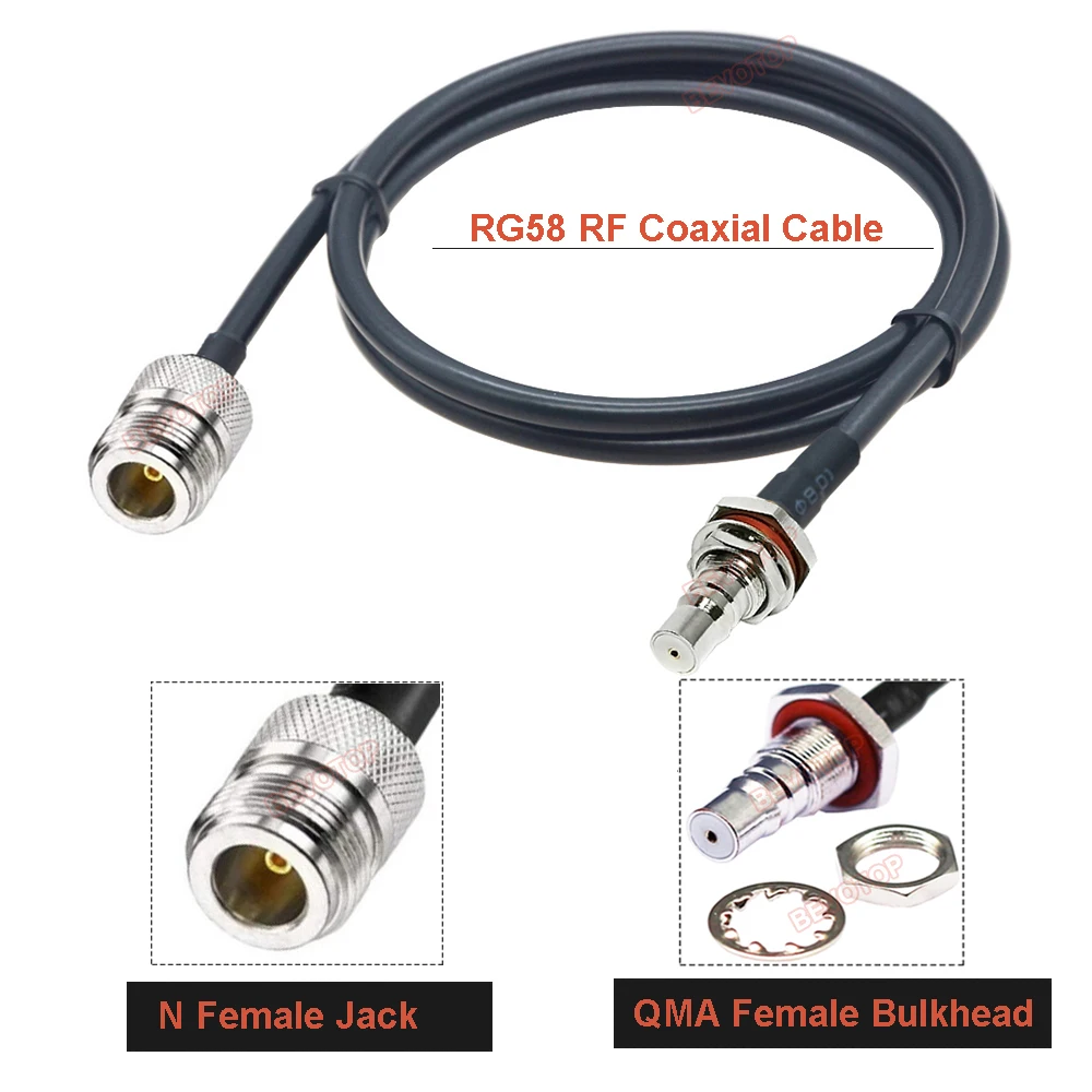 BEVOTOP QMA Female Bulkhead to N-Type Female Jack RG58 Jumper 50 Ohm Low Loss RG-58 RF Coaxial Extension Pigtail Cord 15CM~30M