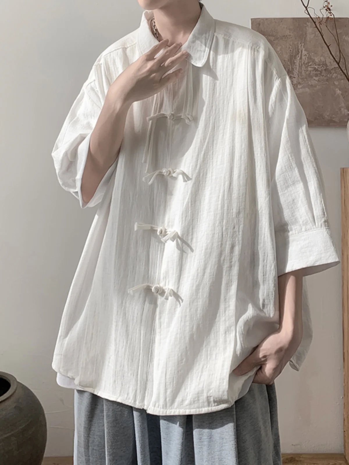 White Short Sleeve Men's Shirt Cleanfit Lightweight Chinese Style Summer Outerwear Cotton 100% No Iron Treatment Casual Shirt