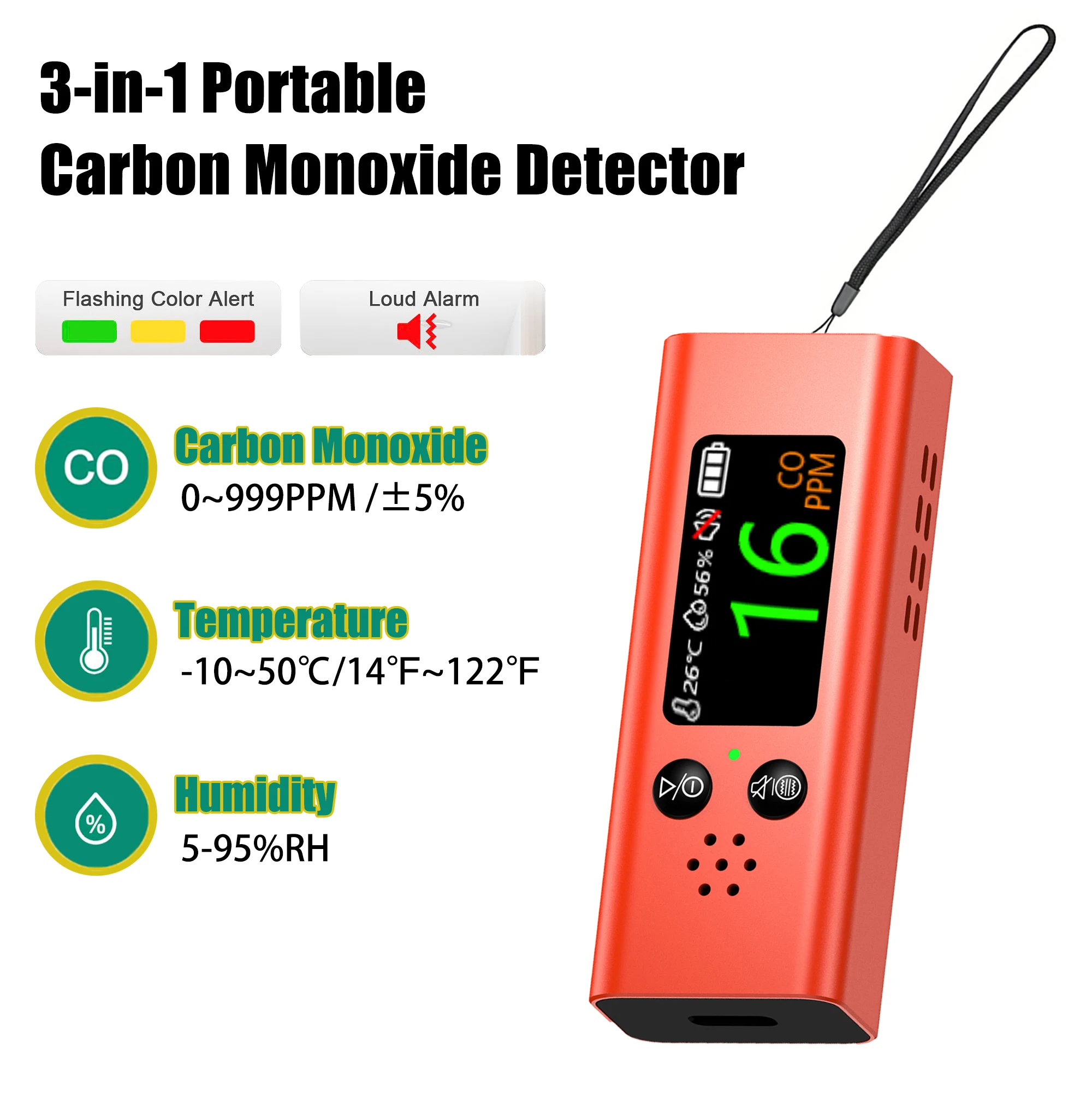 Mini Carbon Monoxide Detector Portable CO Temp/Humidity Sensor Air Quality Detector TFT Screen USB Charging for Indoor andTravel