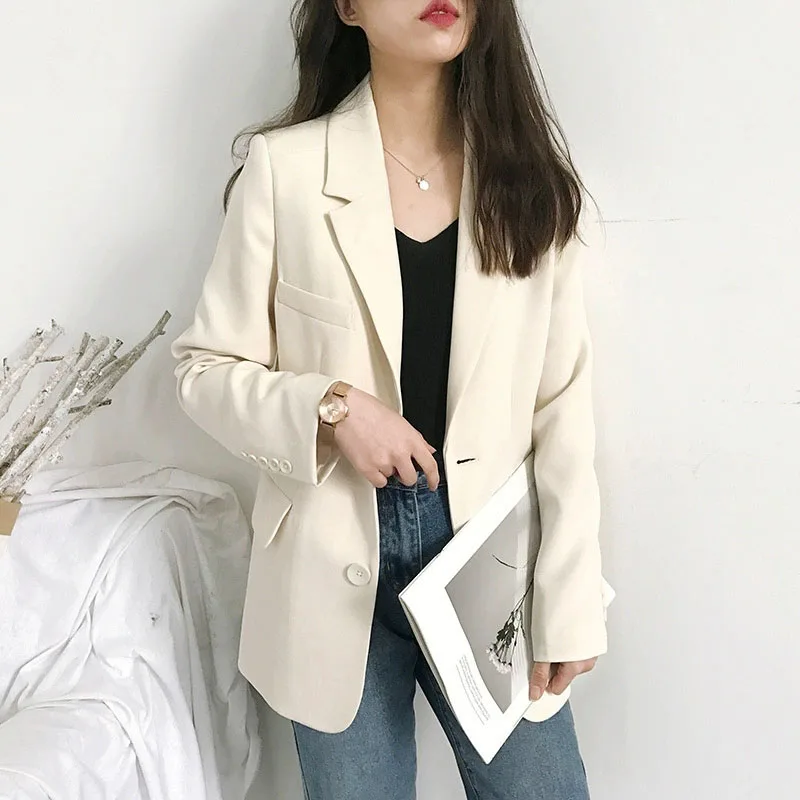 Elegant Women's Blazer Jacket Black Long Sleeve Button-Up Notch Lapel Office Jackets Woman Casual Solid Color with Pocket Blazer