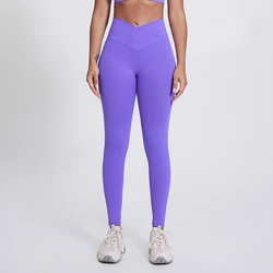 Damskie legginsy do jogi z krzyżem w talii bez szwów z przodu o wysokiej elastyczności Push Up Crossover Gym Yoga Pants Sport Women Fitness Running Tights