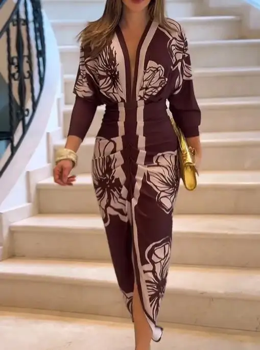 Women Dresses Temperament Commuting Floral Print Batwing Sleeve Plunge V Neck Maxi Dress Female Elegant Ruched Slit Dresses