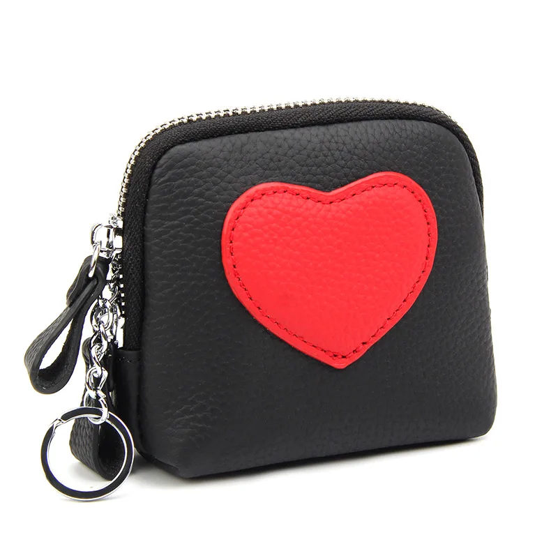 Heart Pattern Genuine Leather Coin Purse Zipper Closure Color Block Mini Wallet for Women Fashion Small Cards Change Storage Bag