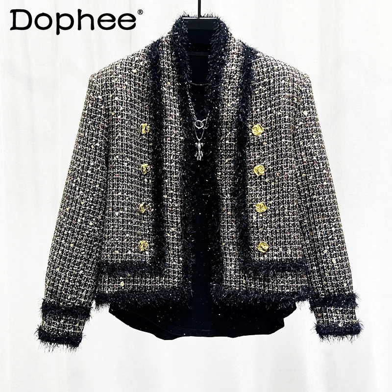 

2024 Autumn Winter New Male Chic Coat Double Breasted Design Jackets Sequined Weave Rough Edge Small Fragrant Men's Short Jacket