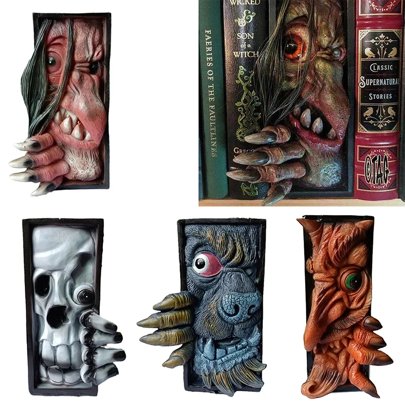 Horror Bookshelf Statue Decorative Bookends Monsters Human Face Masks And Peeping Monsters Scary Halloween Interior Decoration