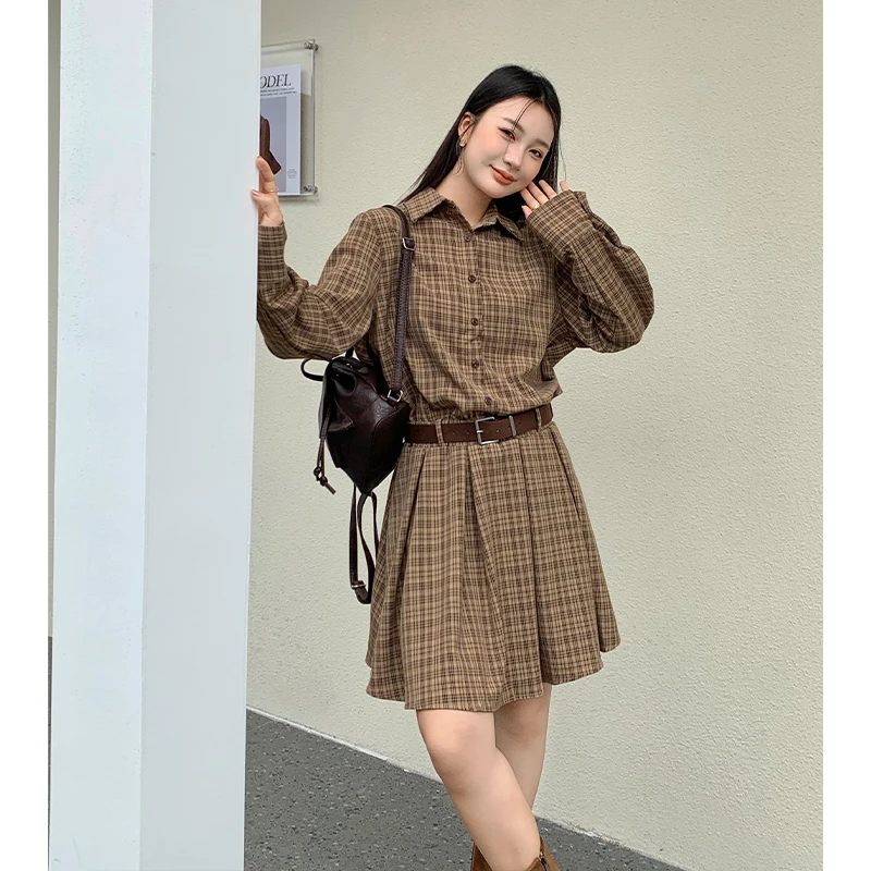 Abito camicia vintage casual coreano primavera autunno Abito corto scozzese a maniche lunghe con colletto da donna Abbigliamento progettato da strada