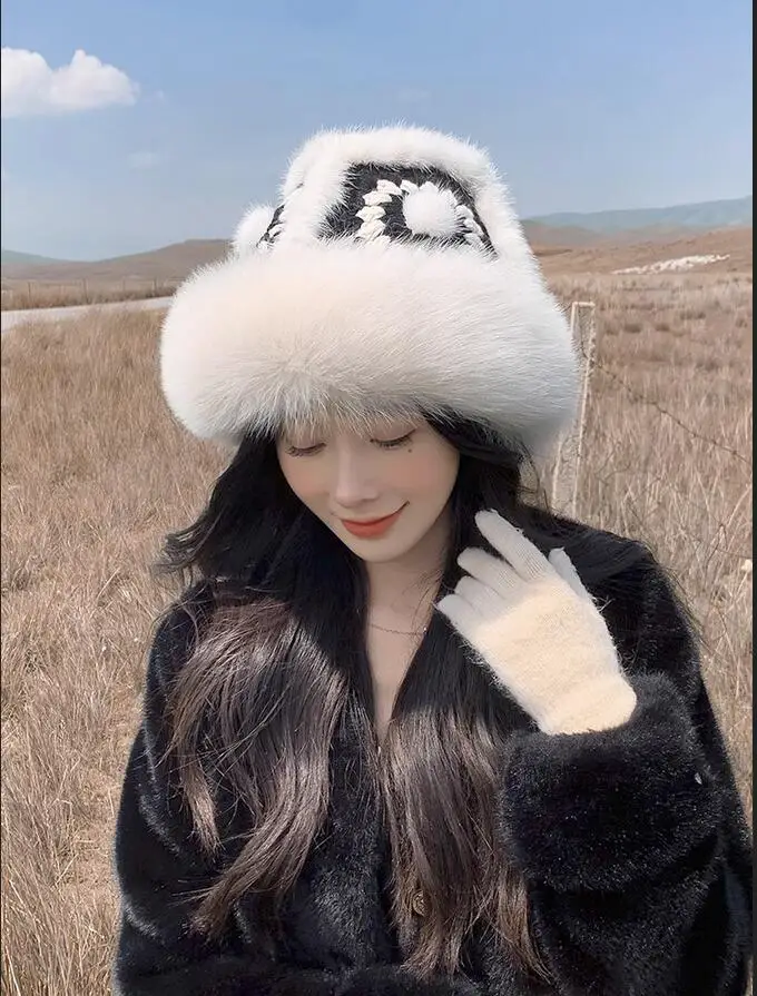 New 2023 Handmade Dance Lion Hat with Genuine Mink Fur Luxury Cute Awakening Lion Real Fox Fur Trimmed Cap for Women