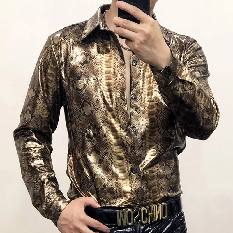 

Men's Boutique Gold Snake Print Leopard Print High Gloss Face Shirt Slim Fit Large Nightclub Sexy Shirt Foreign Trade European