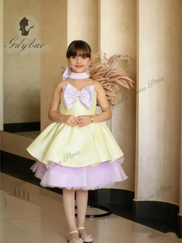 

Cute Yellow Flower Girl Wedding Dress Satin Bow Sleeveless Kids Pageant First Communion Birthday Party Dress Customizable