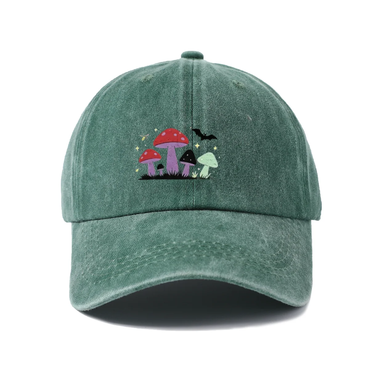 Colorful Mushroom Garden Graphic Baseball Cap, Vintage Washed Adjustable Unisex Dad Hat, Casual Gift