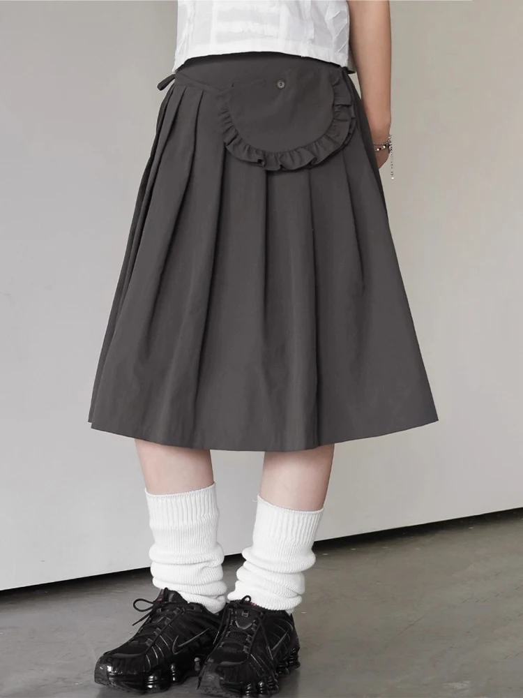 

Chic Plaid Pleated Skirt with Belt And Lace Trim for Women Summer New Sle f-length Skirt And Small Bag Set
