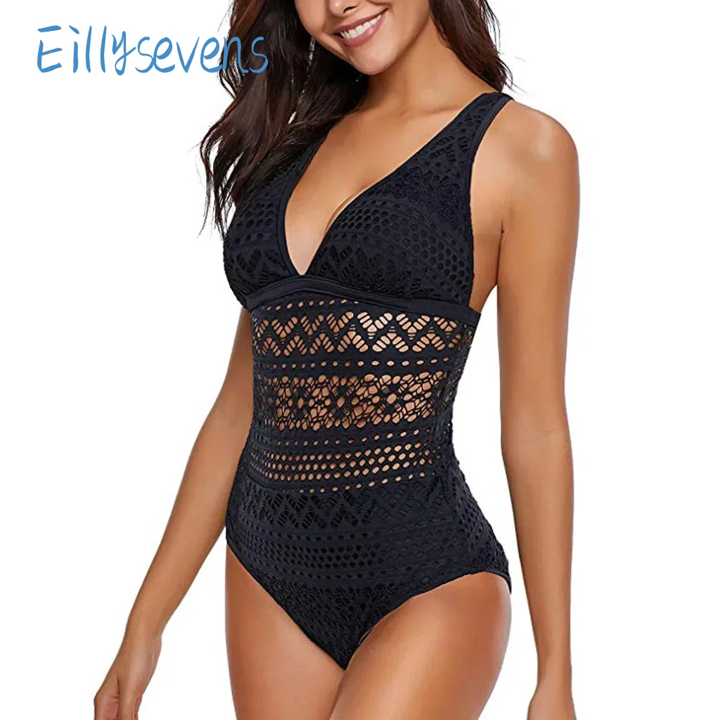 Women One-Piece Swimsuit Classic V-Neck Push Up Adjustable Shoulder Strap Bathing Suit Sexy Mesh Hollow Splicing Swimwear