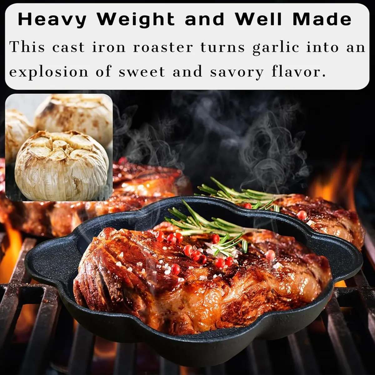 M10K Cast Iron Smoker Roaster Garlic Roster , Smoker Box, Pre-Seasoned Cast Iron Garlic Roaster for Grill, for BBQ