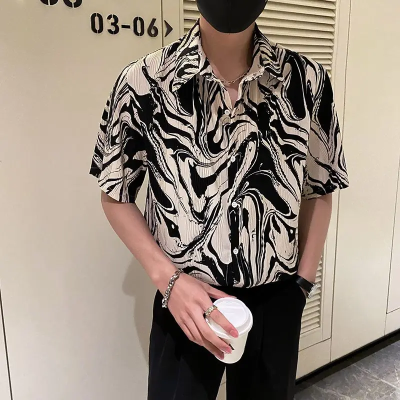 Summer New Ice Silk Flower High Street Shirt Tops Men's Short Sleeve Plus Size Printing Fashion Blouse Trend Vintage Men Clothes