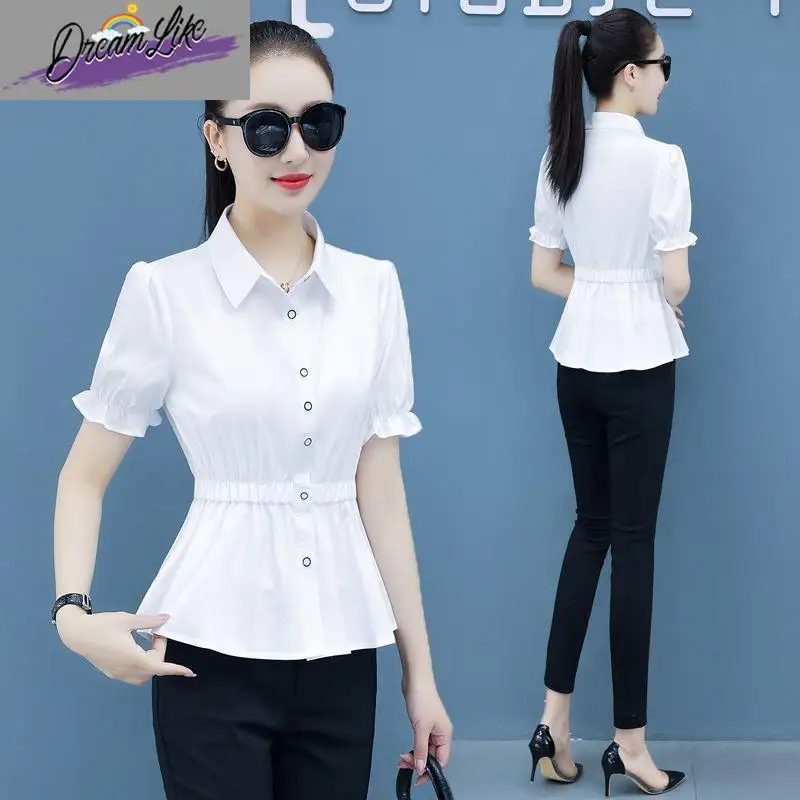 エレガントな半袖シャツ女性のウエストを締める韓国風トップス痩身ファッショナブルな大きいサイズの婦人服