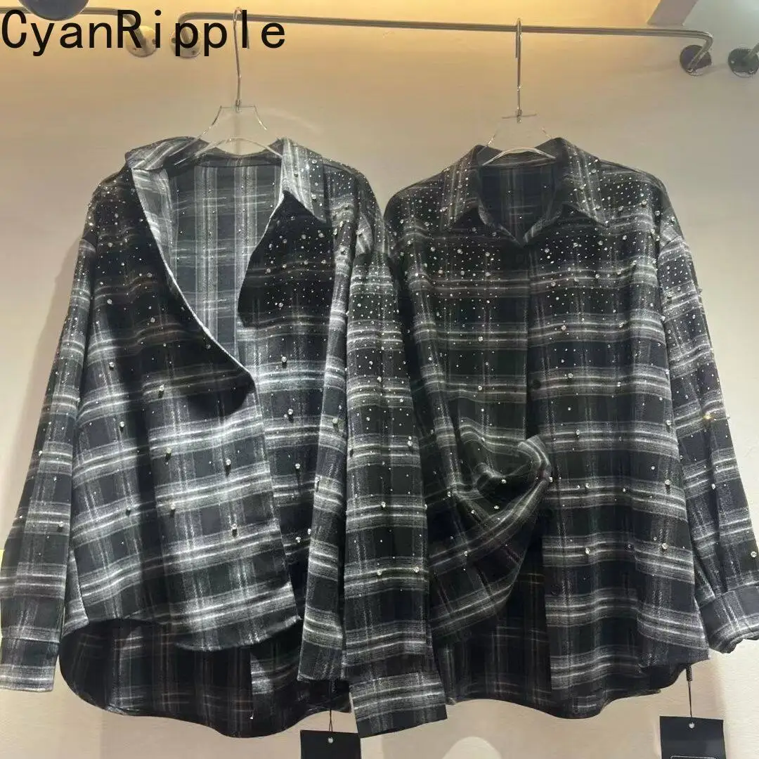 2026 New Spring Lazy Wind Loose Cardigans Coat Vintage Turn-down Collar Hot Diamonds Beads Long Sleeve Shirts Casual Plaid Top