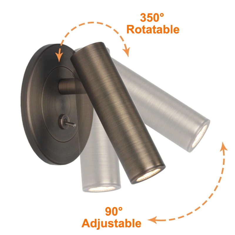 3W COB LED Bedside Reading Lamp High CRI Wall Light Fixture Adjustable Direction Spotlight Rocker Switch Surface Mounted Hotel