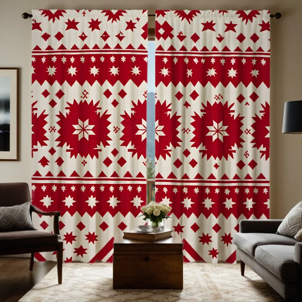 2pcs HD Christmas New Year plaid decorative curtain Red tie digital printed curtain Home Decoration style Decoration living r