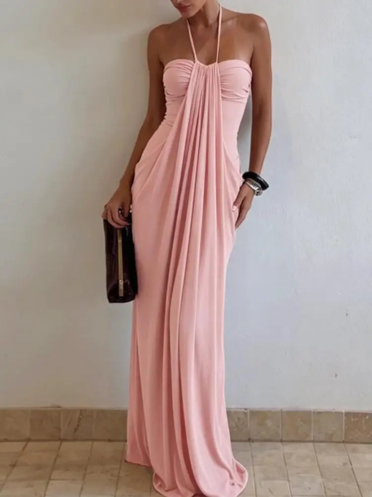 Robe de soirée longue élégante pour femme, style licou, à lacets, sans manches, froncée, unie, sexy, dos nu, taille haute, robe de fête maxi