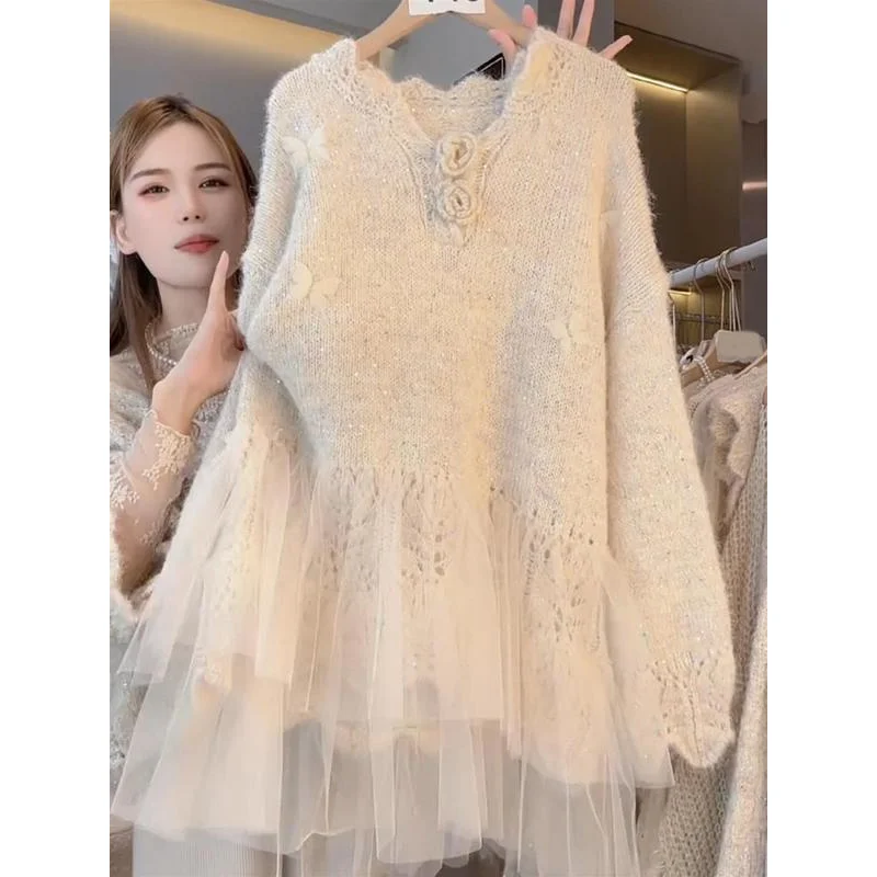 Autumn Winter Soft Sweater Knit Pullover Lace Patchwork Pullover Design Y2k Clothes Long-sleeved Top Casual Sweater Versatile