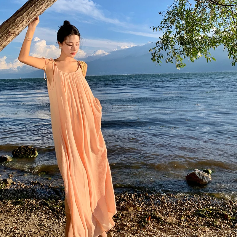 Fan Bingbing Xiaohongshu Same Style Orange Brightening French Strapless Low-Cut Backless Vacation Long Dress Summer