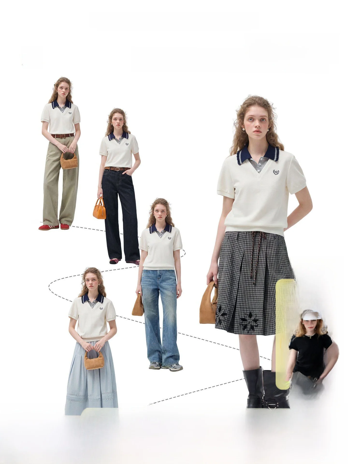 

Летний комплект Vega Chang 2026: модная женская футболка с эффектом двухслойности, коротким рукавом и отложным воротником, повседневный шик