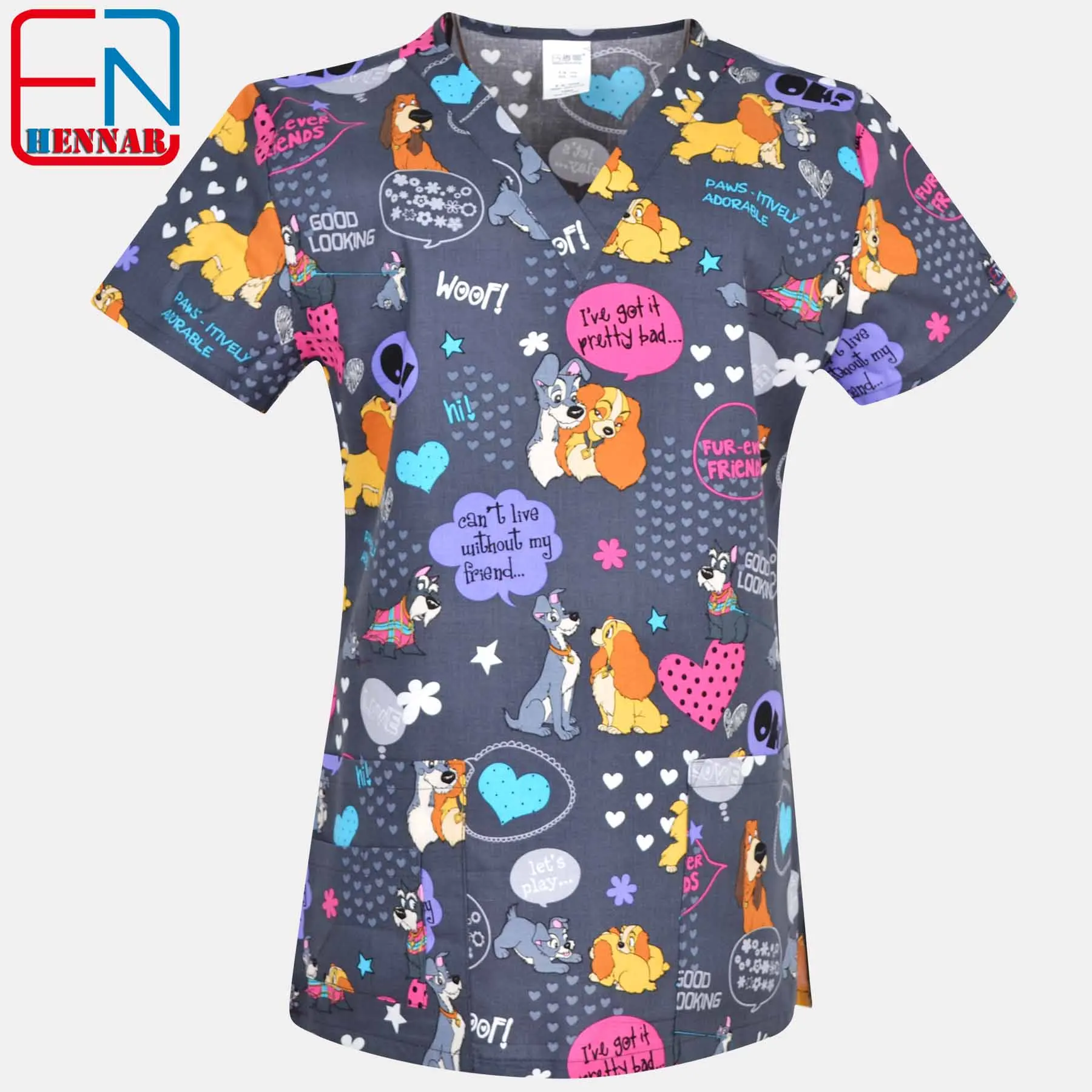 Hennar Print Vet Scrub Uniform For Women In 100% Cotton 4 pockets,XXS-5XL Pet Doctors Medical Scrub Tops